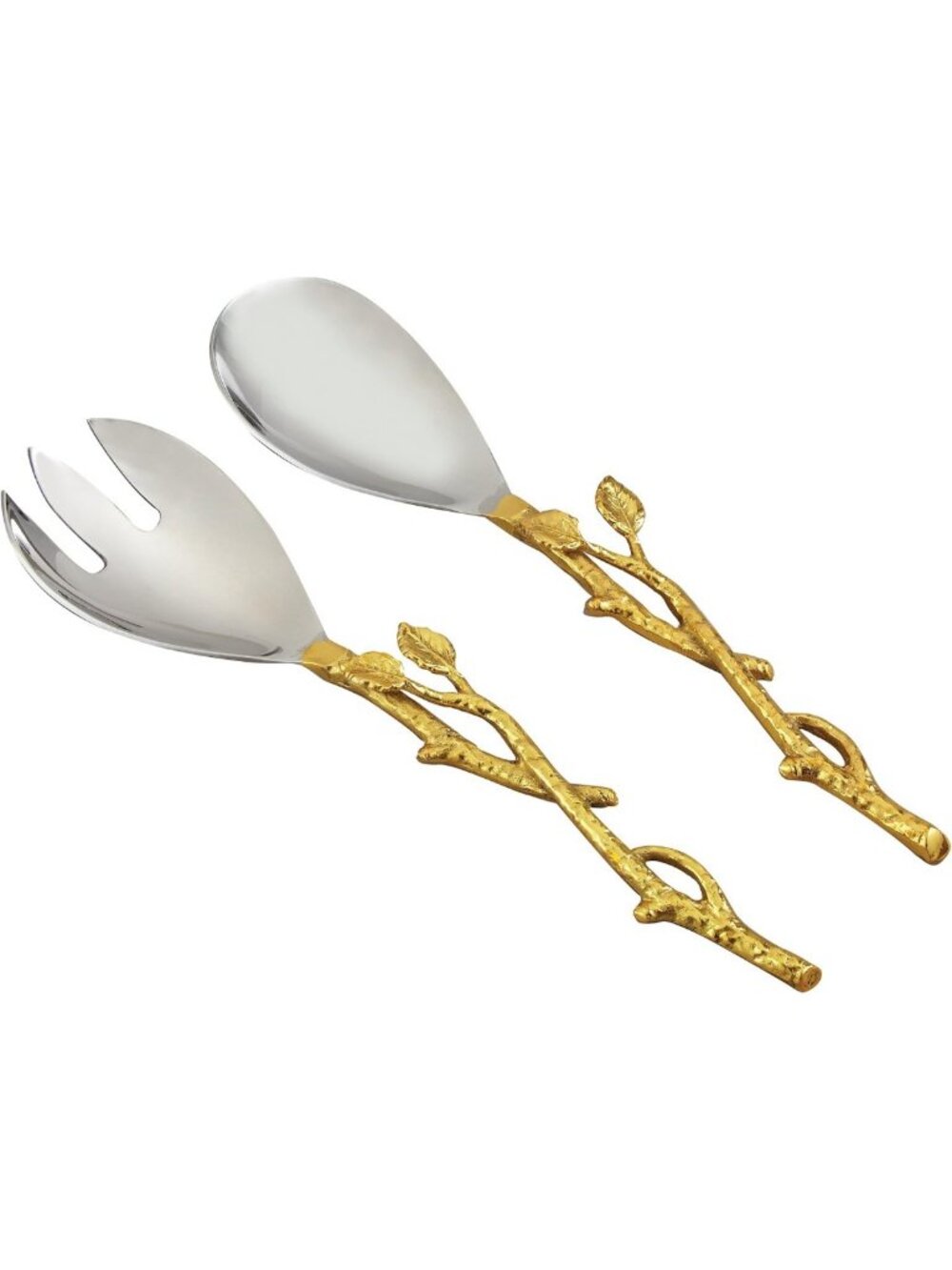 Elegant 11-Inch Golden Vine Salad Server Set - Stylish Silver & Gold Utensils